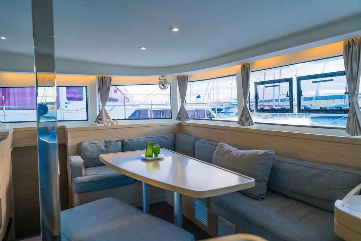 Salon of Veryta, a Lagoon 42 catamaran at Olbia, Italy