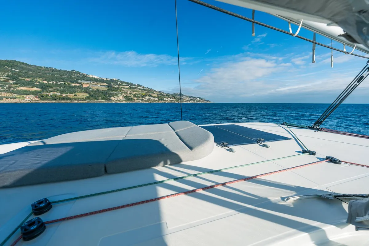 Deck of Veryta, a Lagoon 42 catamaran at Olbia, Italy