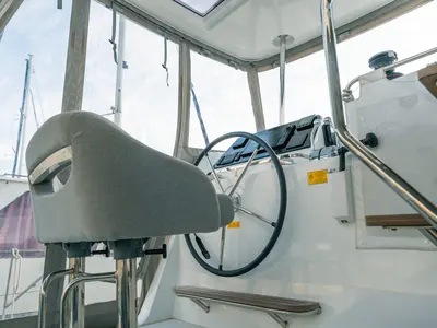 Cockpit of Veryta, a Lagoon 42 catamaran at Olbia, Italy