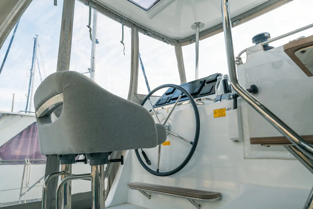 Cockpit of Veryta, a Lagoon 42 catamaran at Olbia, Italy