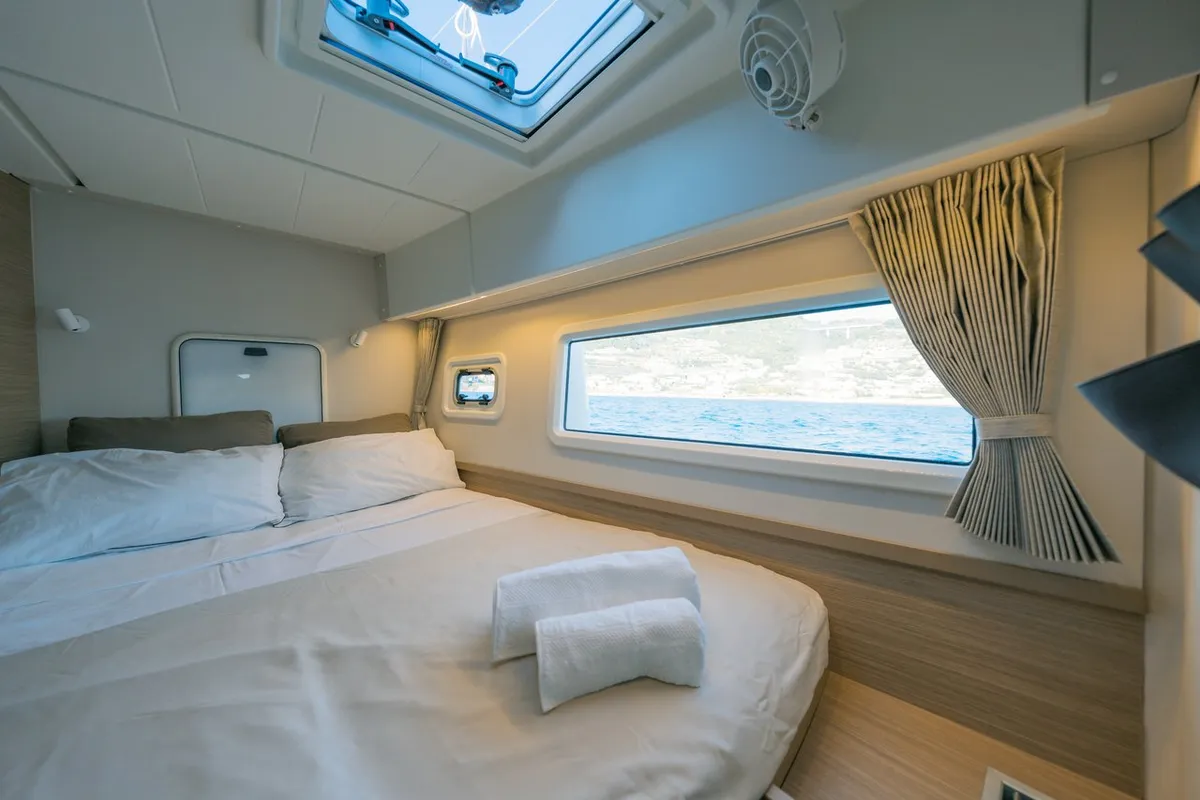 Cabin on Veryta, a Lagoon 42 catamaran at Olbia, Italy