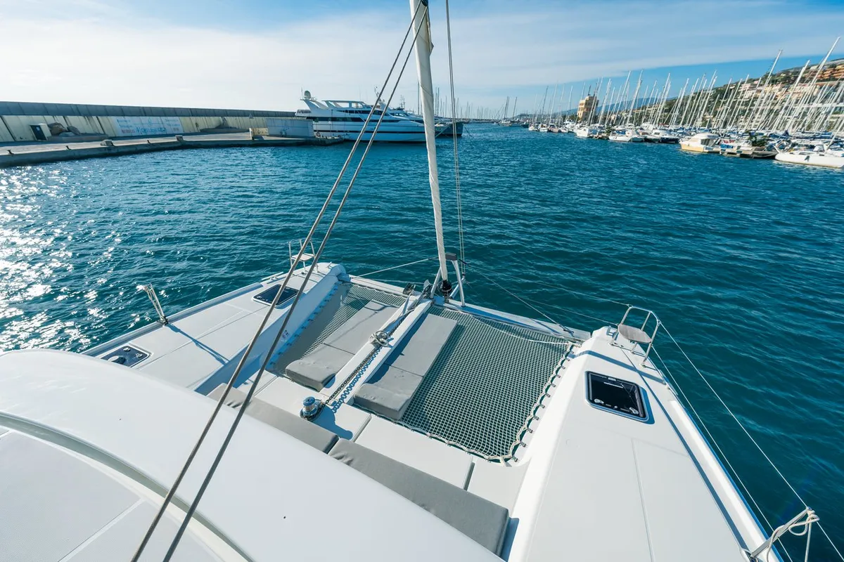 Deck of Veryta, a Lagoon 42 catamaran at Olbia, Italy