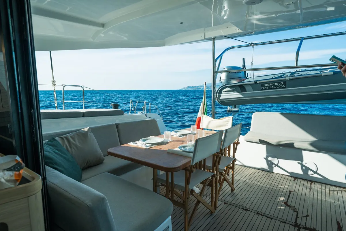 Deck of Veryta, a Lagoon 42 catamaran at Olbia, Italy