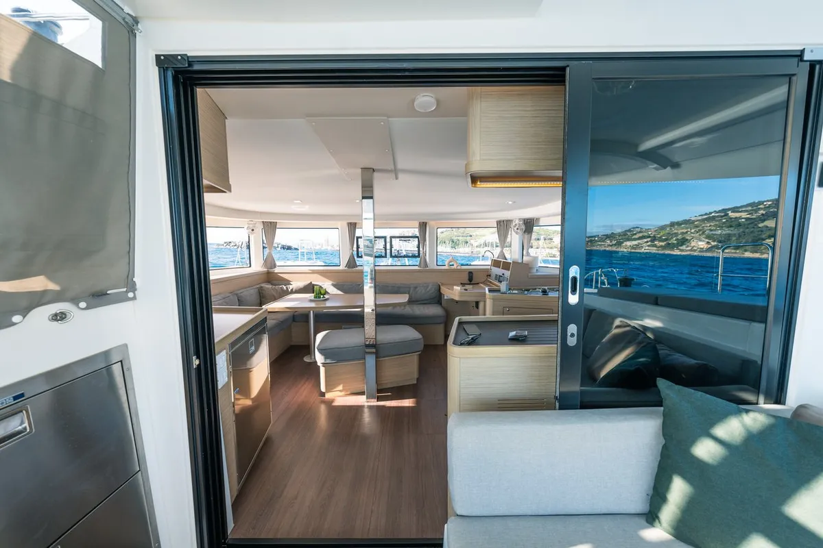 Salon of Veryta, a Lagoon 42 catamaran at Olbia, Italy