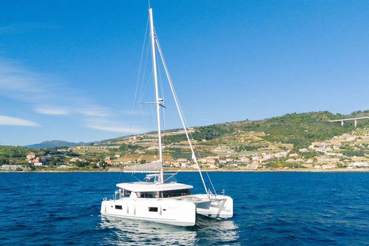 Exterior view of Veryta, a Lagoon 42 catamaran at Olbia, Italy