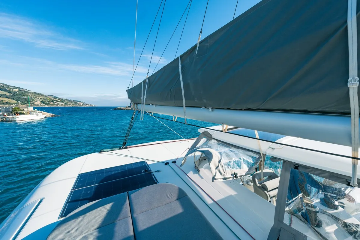 Deck of Veryta, a Lagoon 42 catamaran at Olbia, Italy