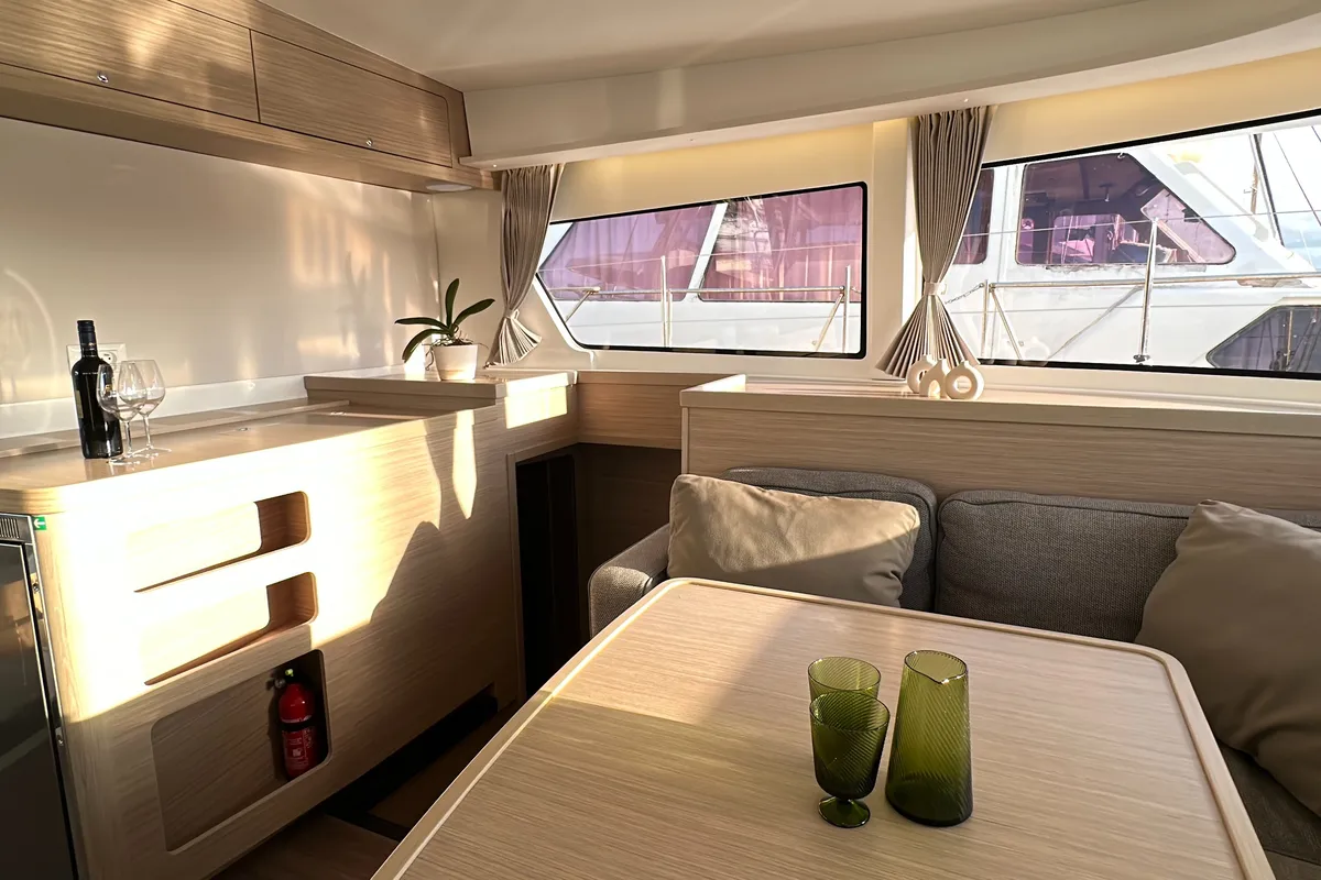Salon of Veryta, a Lagoon 42 catamaran at Olbia, Italy