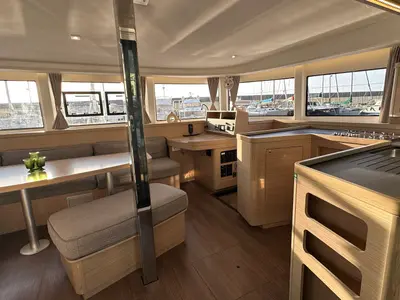 Salon of Veryta, a Lagoon 42 catamaran at Olbia, Italy