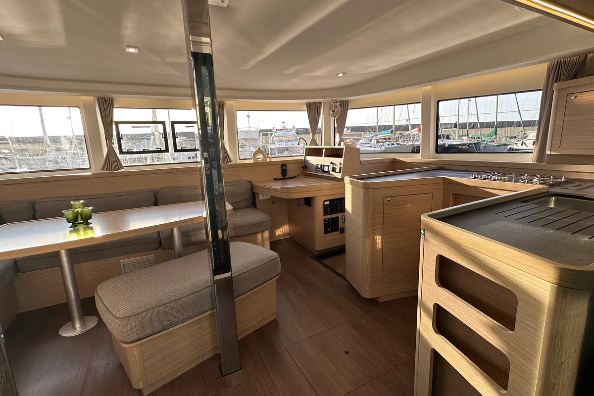 Salon of Veryta, a Lagoon 42 catamaran at Olbia, Italy