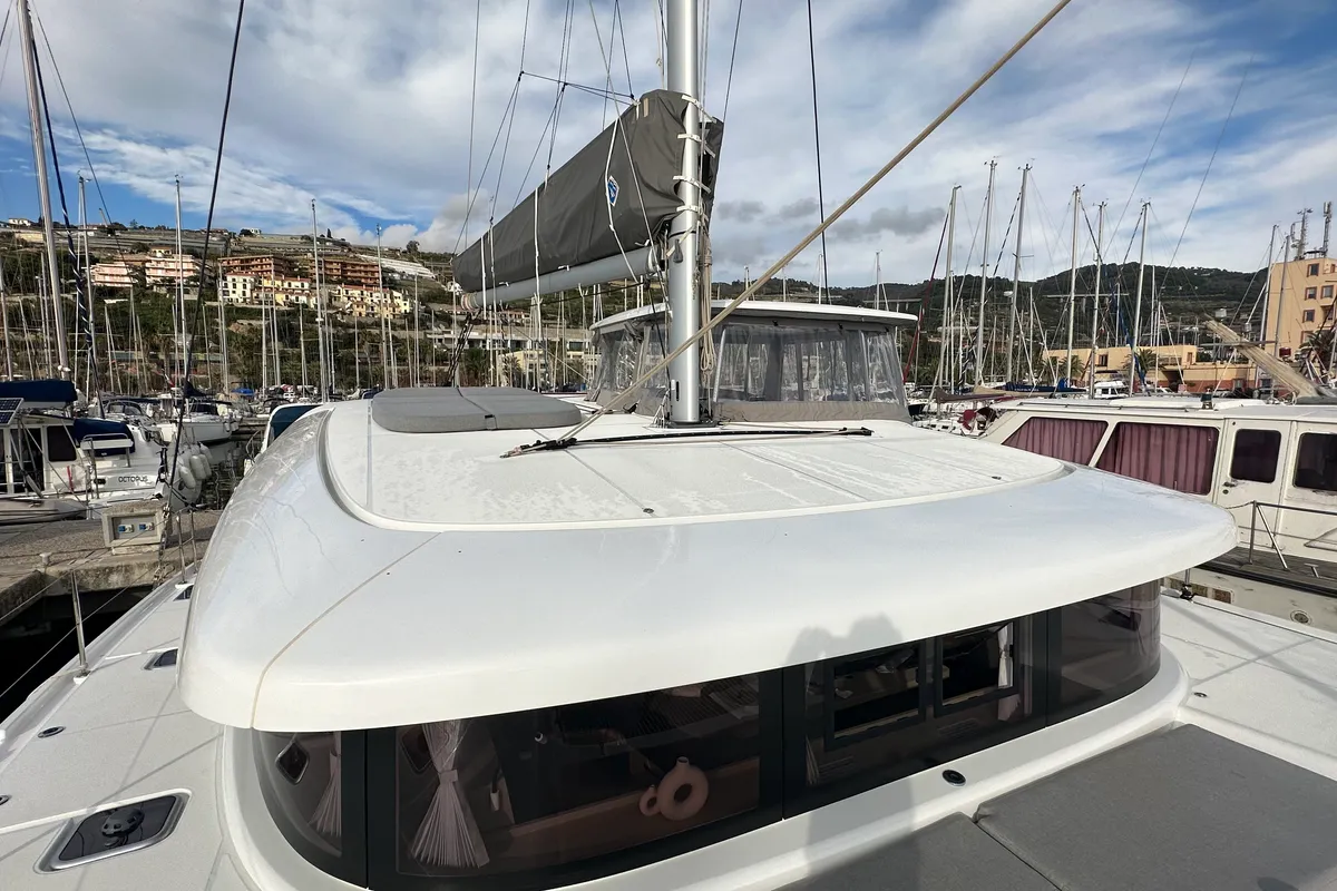 Exterior view of Veryta, a Lagoon 42 catamaran at Olbia, Italy