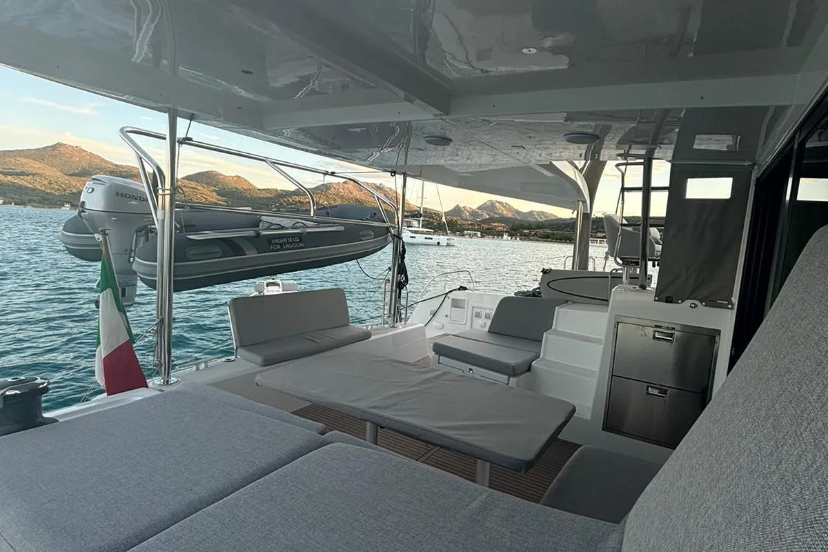 Deck of Veryta, a Lagoon 42 catamaran at Olbia, Italy