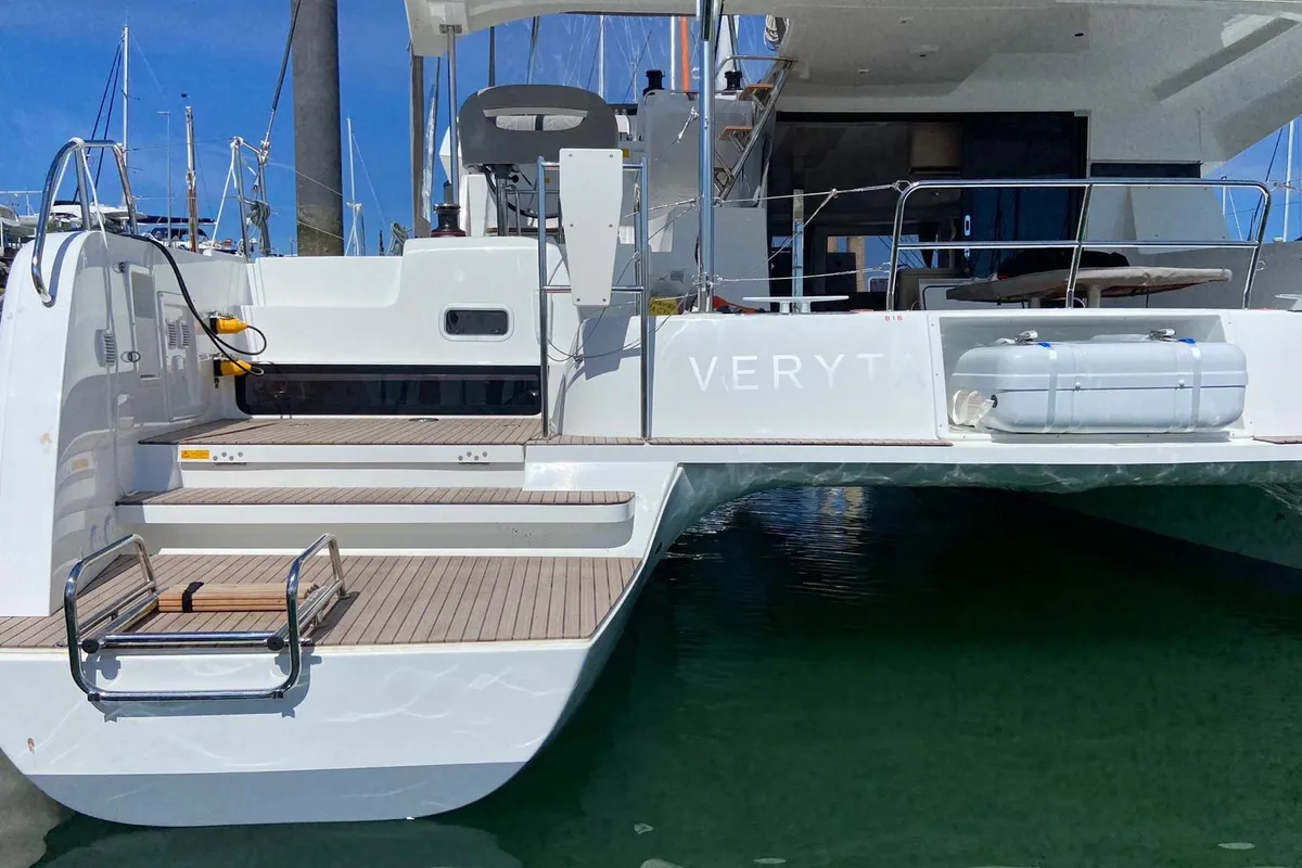 Exterior view of Veryta, a Lagoon 42 catamaran at Olbia, Italy