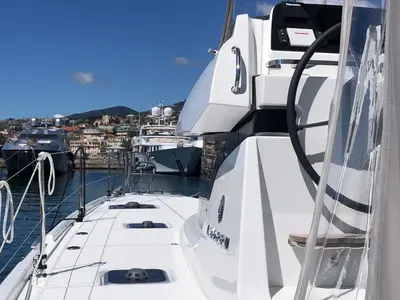 Deck of Veryta, a Lagoon 42 catamaran at Olbia, Italy