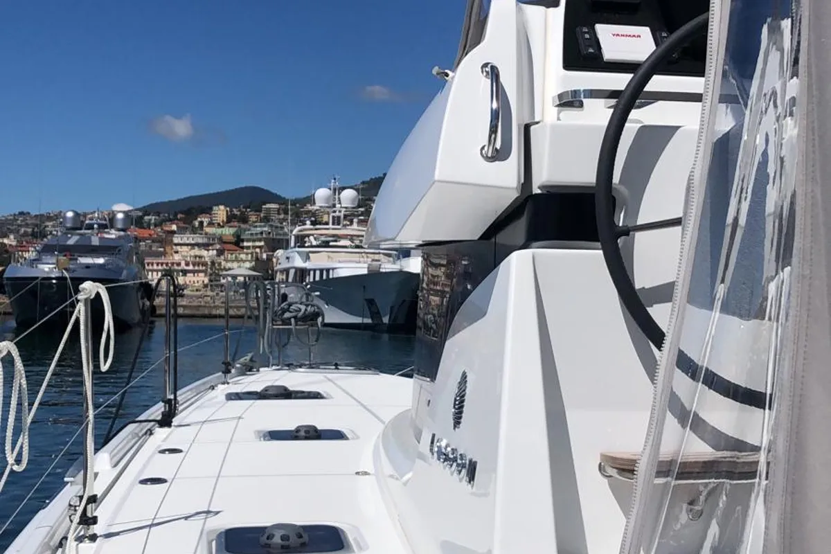 Deck of Veryta, a Lagoon 42 catamaran at Olbia, Italy