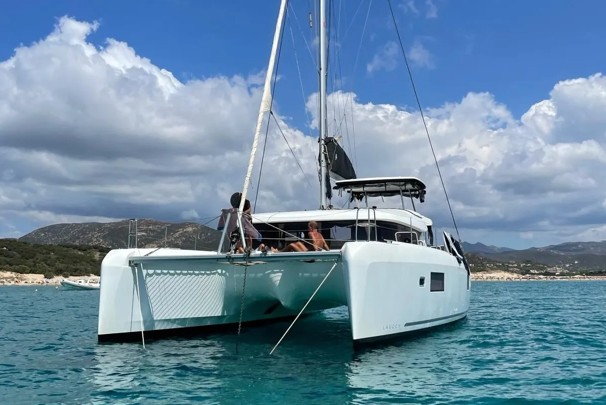 Exterior view of Veryta, a Lagoon 42 catamaran at Olbia, Italy