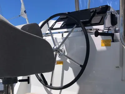 Cockpit of Veryta, a Lagoon 42 catamaran at Olbia, Italy