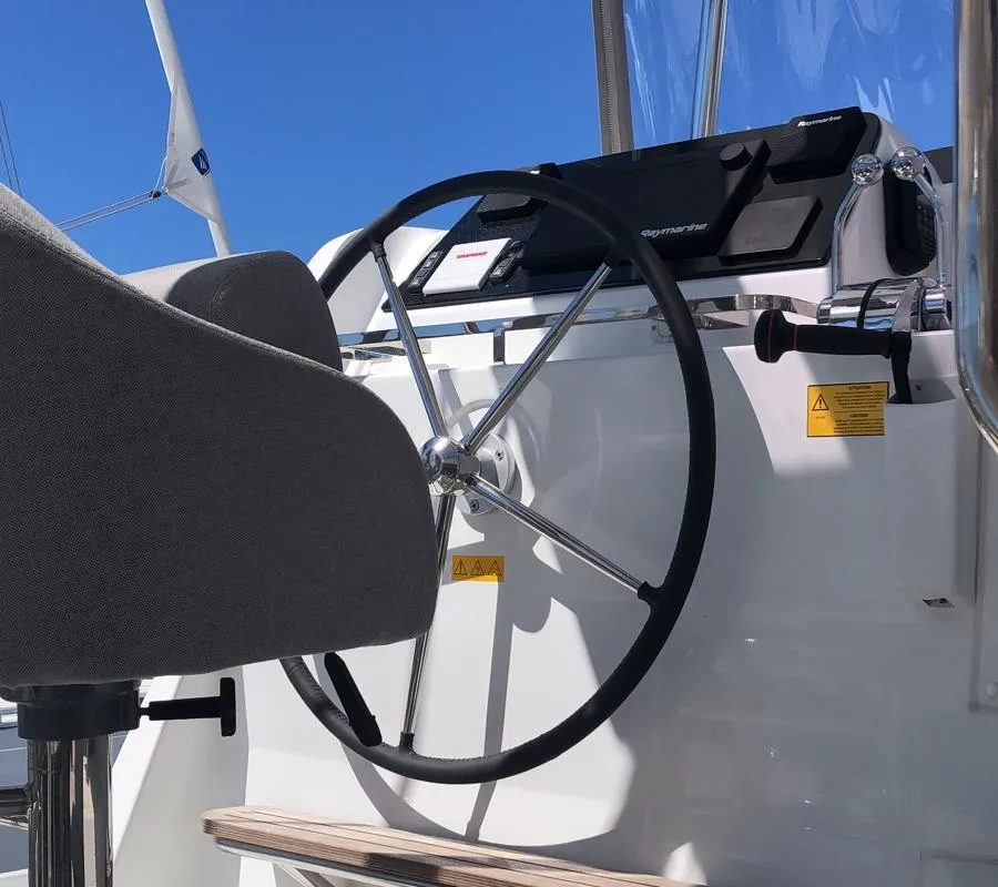 Cockpit of Veryta, a Lagoon 42 catamaran at Olbia, Italy