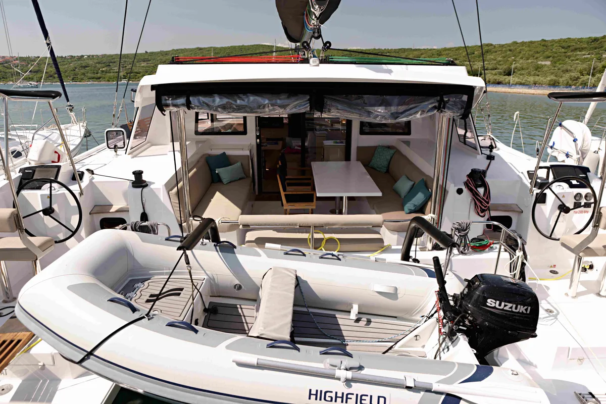 Deck of Motus, a Nautitech 40 Open catamaran at Punat, Croatia