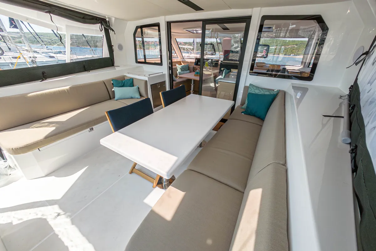 Deck of Motus, a Nautitech 40 Open catamaran at Punat, Croatia