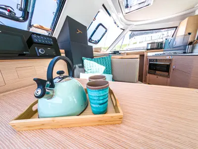 Salon of Motus, a Nautitech 40 Open catamaran at Punat, Croatia