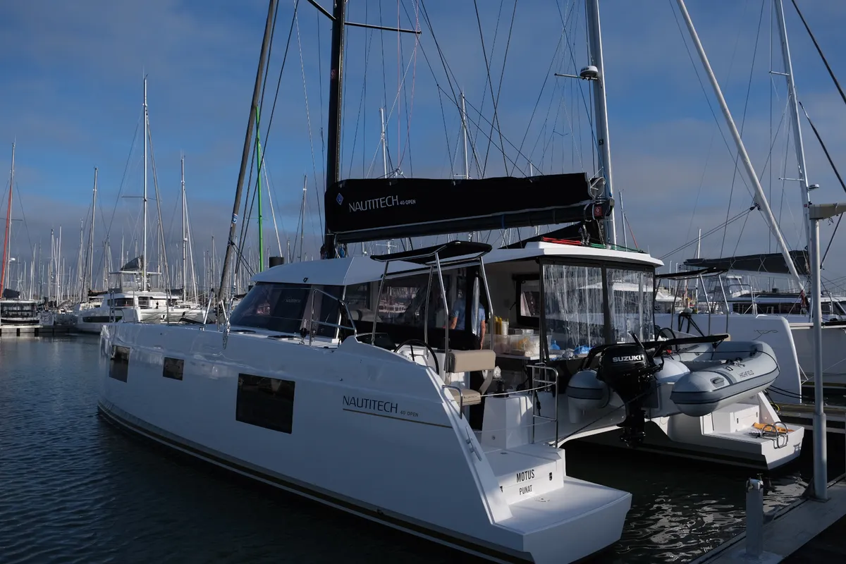 Exterior view of Motus, a Nautitech 40 Open catamaran at Punat, Croatia