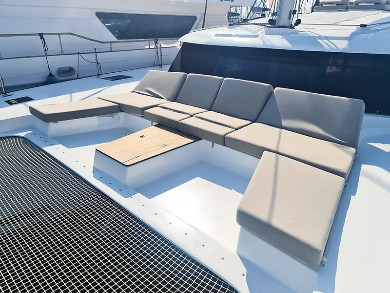 Deck of Breezer, a Fountaine Pajot Aura 51 catamaran at Preveza, Greece