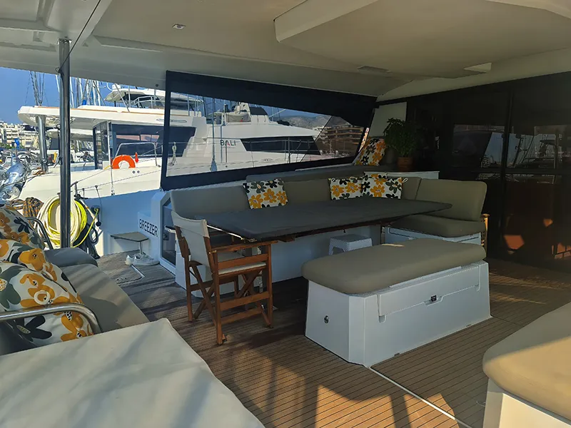 Deck of Breezer, a Fountaine Pajot Aura 51 catamaran at Preveza, Greece