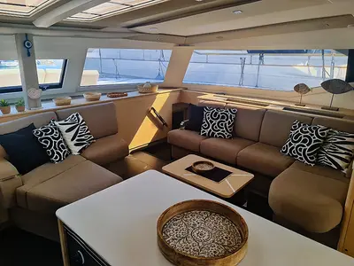 Salon of Breezer, a Fountaine Pajot Aura 51 catamaran at Preveza, Greece