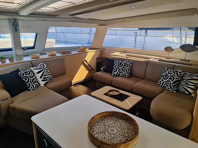 Salon of Breezer, a Fountaine Pajot Aura 51 catamaran at Preveza, Greece