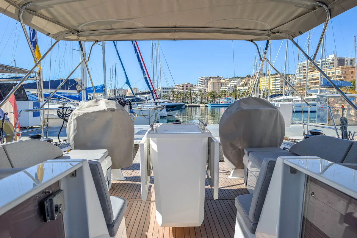 Exterior view of Aquaris, a Beneteau Oceanis 51.1 sailboat at Palma de Mallorca, Spain