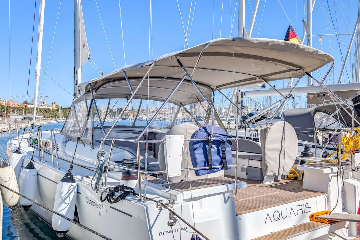 Exterior view of Aquaris, a Beneteau Oceanis 51.1 sailboat at Palma de Mallorca, Spain