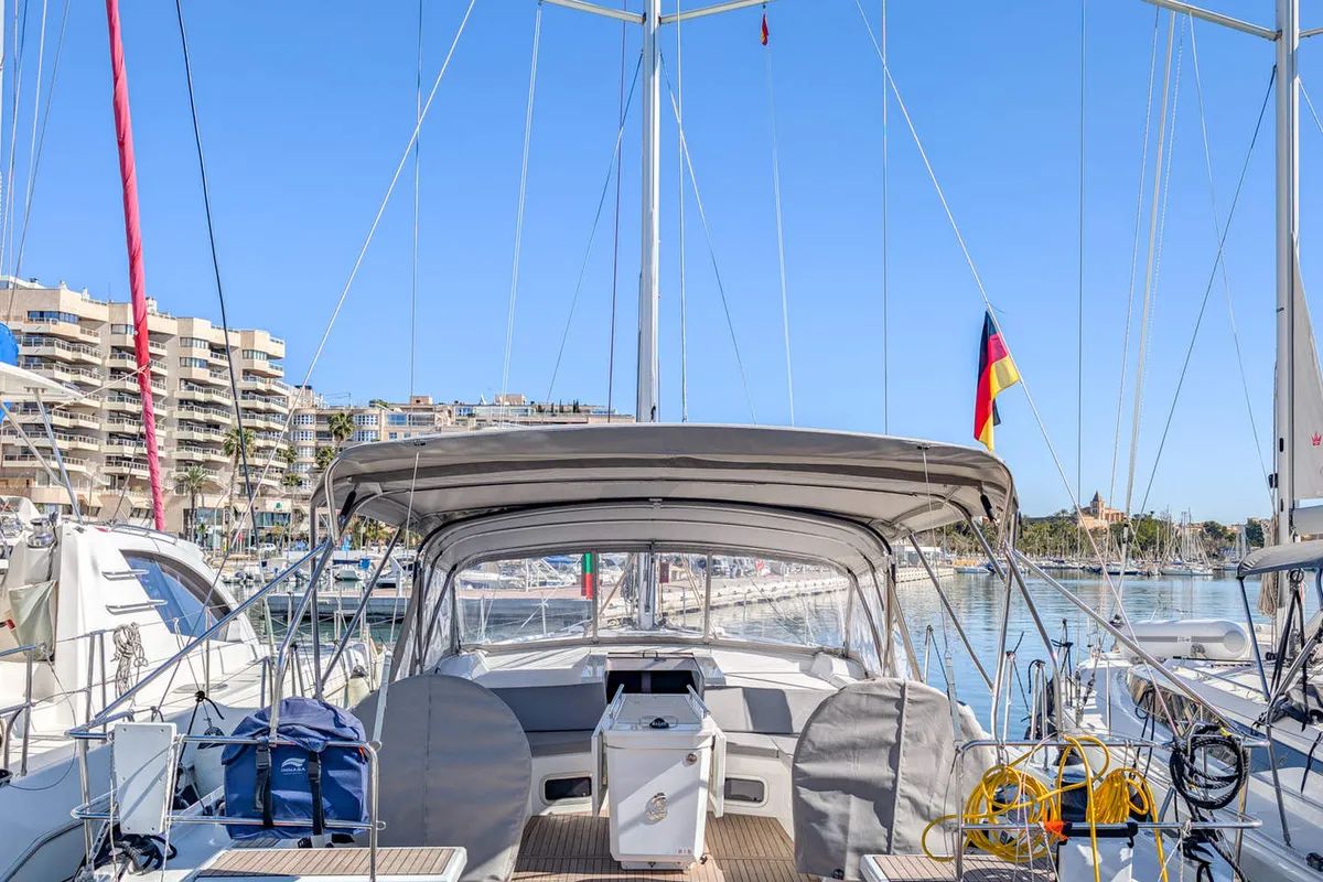 Exterior view of Aquaris, a Beneteau Oceanis 51.1 sailboat at Palma de Mallorca, Spain