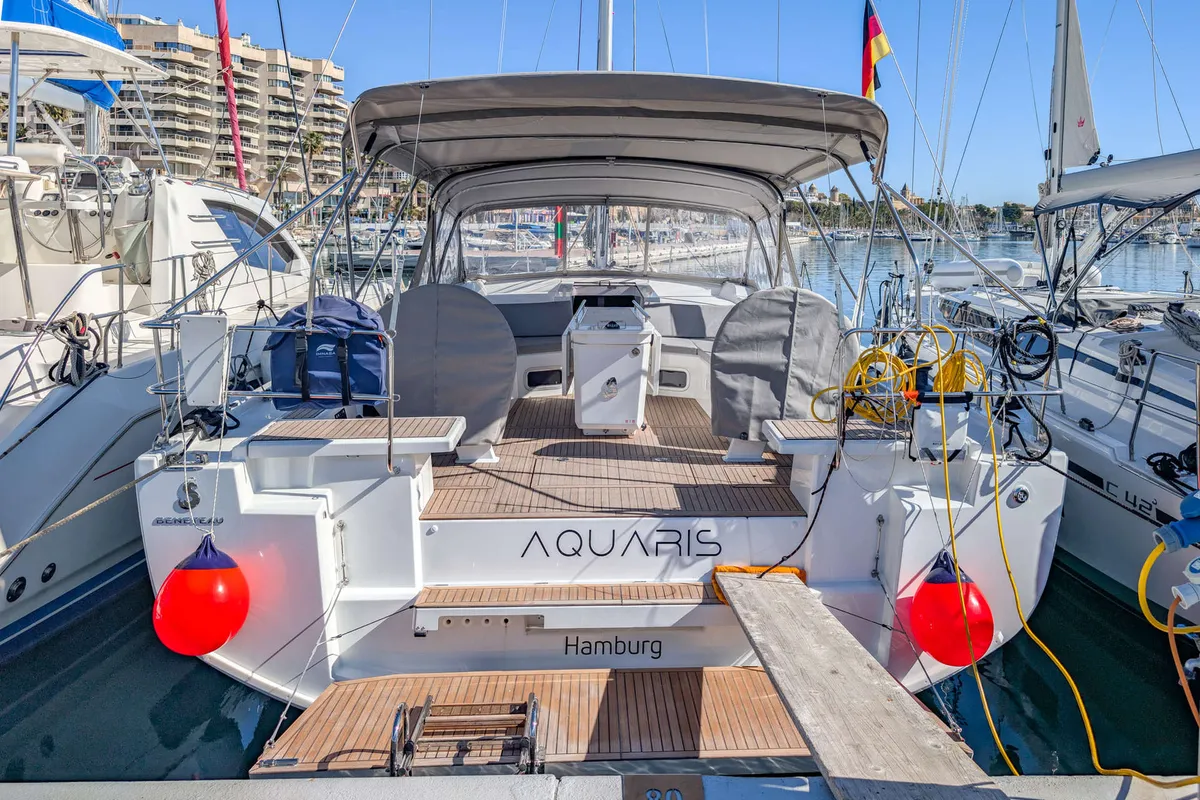 Exterior view of Aquaris, a Beneteau Oceanis 51.1 sailboat at Palma de Mallorca, Spain