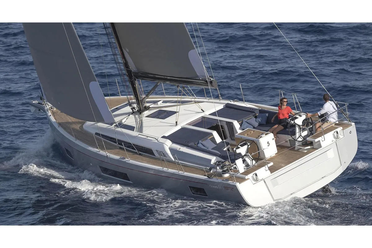 Exterior view of Aquaris, a Beneteau Oceanis 51.1 sailboat at Palma de Mallorca, Spain