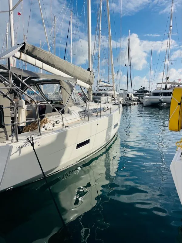 Exterior view of Penelope, a Dufour 430 sailboat at Road Town, British Virgin Islands