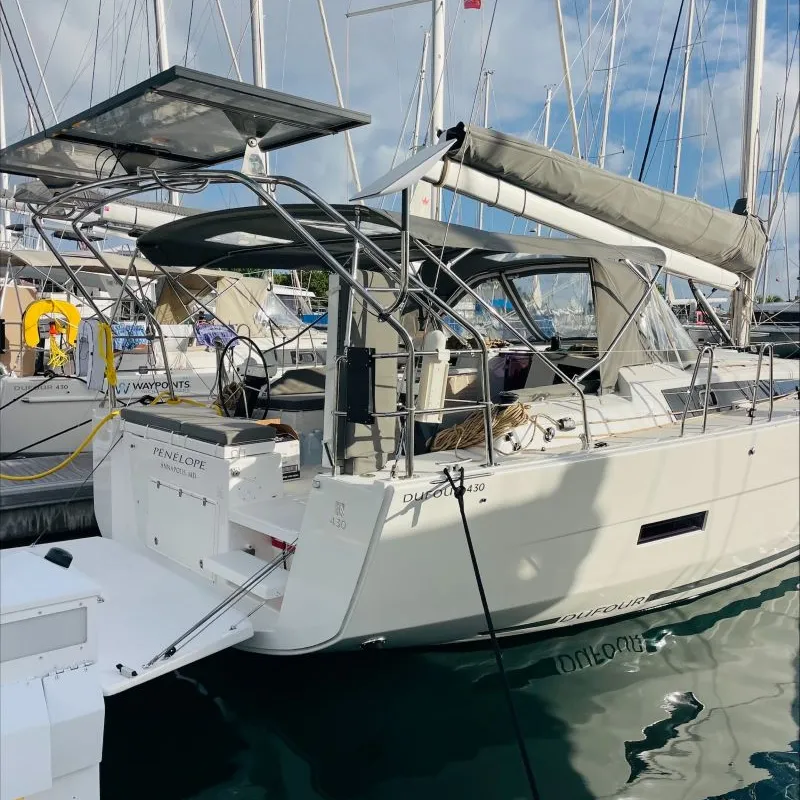 Exterior view of Penelope, a Dufour 430 sailboat at Road Town, British Virgin Islands