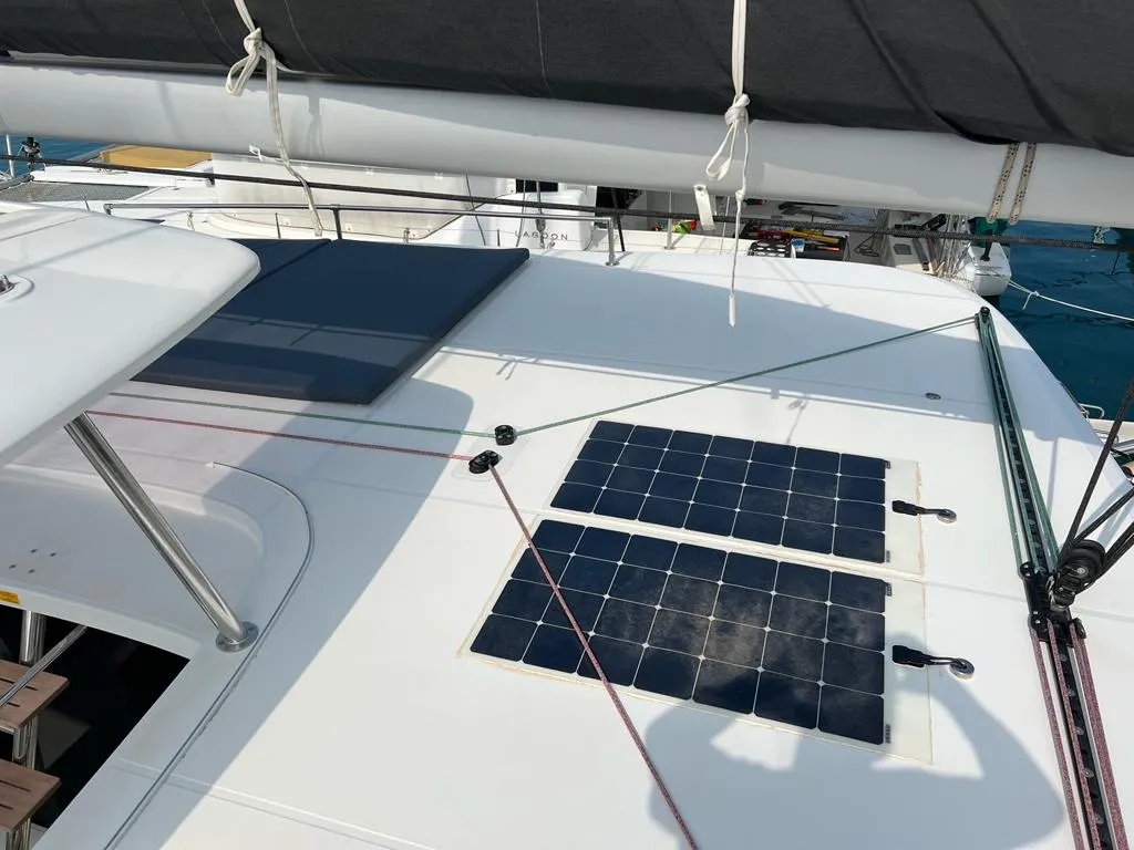 Deck of Sissi, a Lagoon 42 catamaran at Capo d'Orlando, Italy