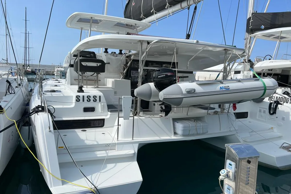 Exterior view of Sissi, a Lagoon 42 catamaran at Capo d'Orlando, Italy