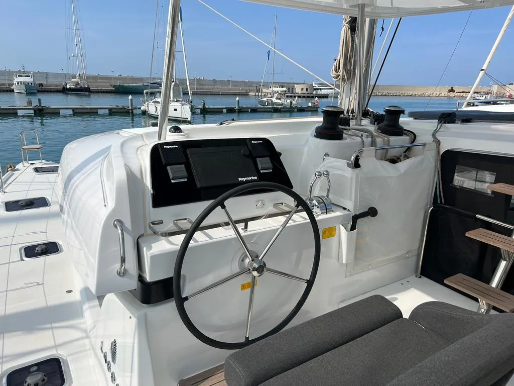 Deck of Sissi, a Lagoon 42 catamaran at Capo d'Orlando, Italy