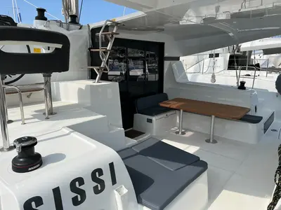 Cockpit of Sissi, a Lagoon 42 catamaran at Capo d'Orlando, Italy