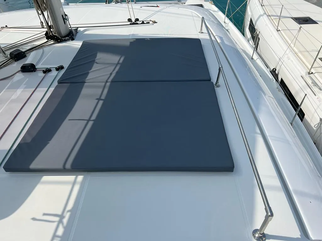 Exterior view of Sissi, a Lagoon 42 catamaran at Capo d'Orlando, Italy
