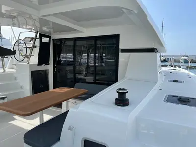 Deck of Sissi, a Lagoon 42 catamaran at Capo d'Orlando, Italy