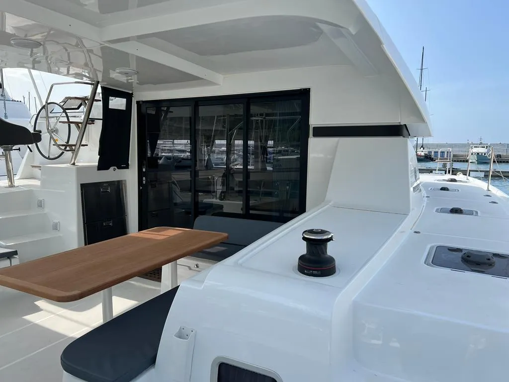 Deck of Sissi, a Lagoon 42 catamaran at Capo d'Orlando, Italy