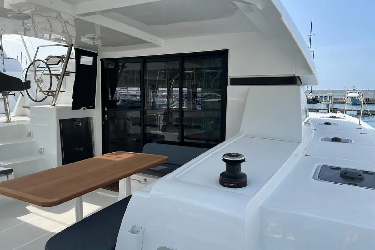 Deck of Sissi, a Lagoon 42 catamaran at Capo d'Orlando, Italy