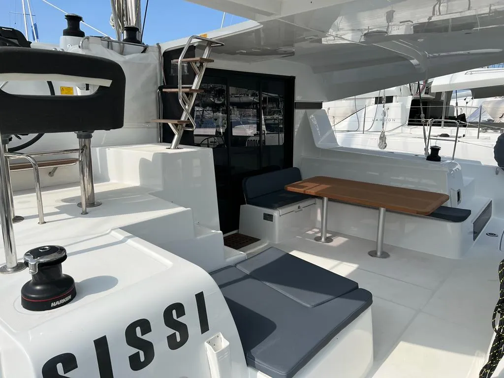 Deck of Sissi, a Lagoon 42 catamaran at Capo d'Orlando, Italy