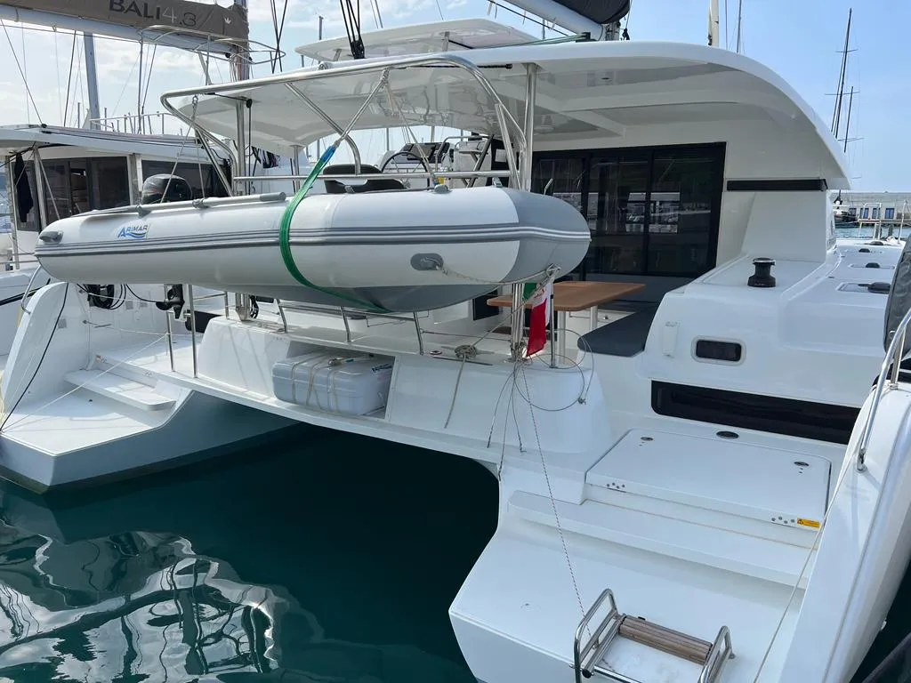 Exterior view of Sissi, a Lagoon 42 catamaran at Capo d'Orlando, Italy
