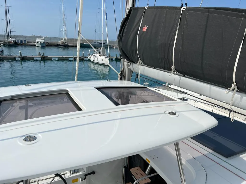 Deck of Sissi, a Lagoon 42 catamaran at Capo d'Orlando, Italy