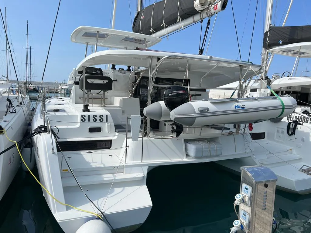 Exterior view of Sissi, a Lagoon 42 catamaran at Capo d'Orlando, Italy