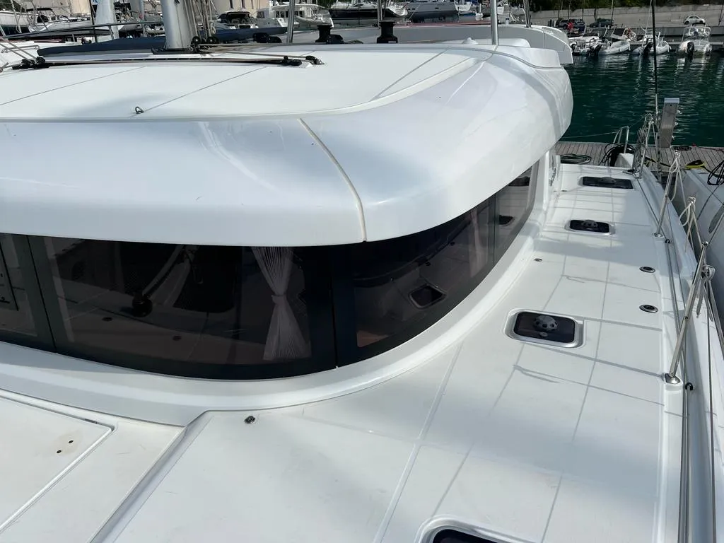 Exterior view of Sissi, a Lagoon 42 catamaran at Capo d'Orlando, Italy