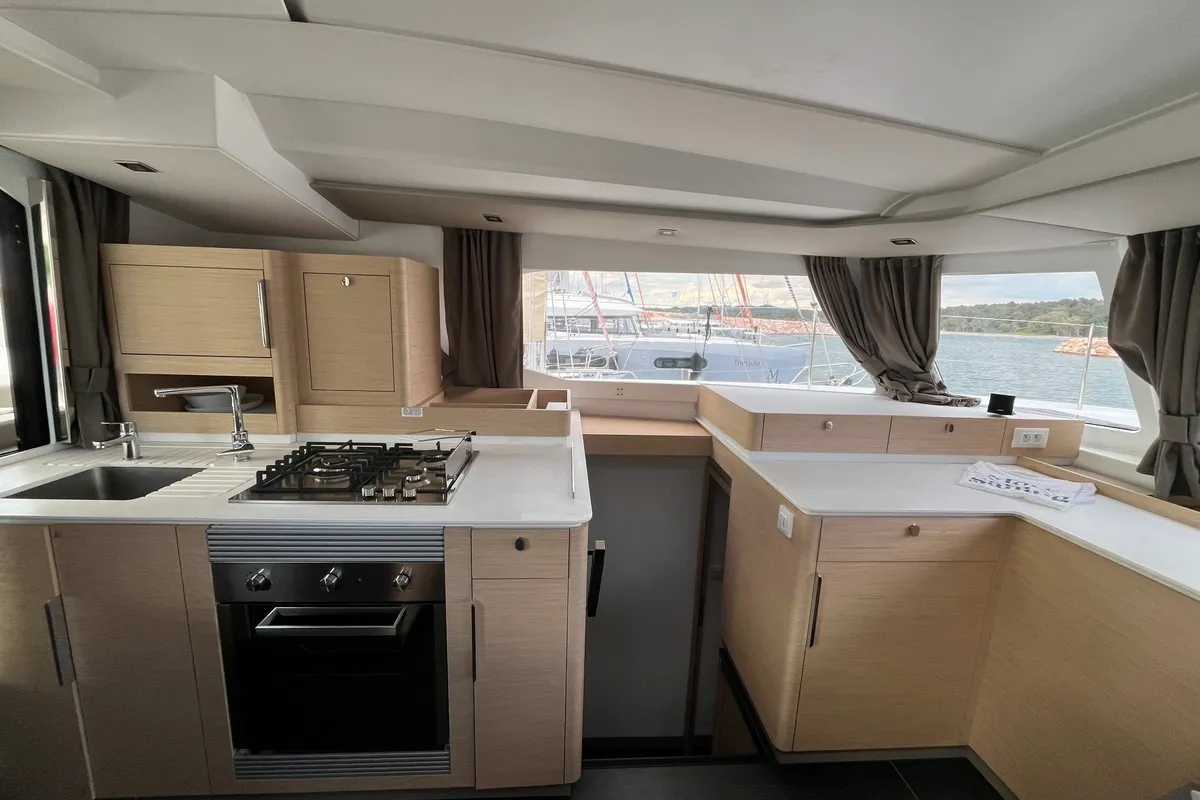 Galley of Avamare, a Fountaine Pajot FP 44 Quatuor catamaran at Mytikas, Greece